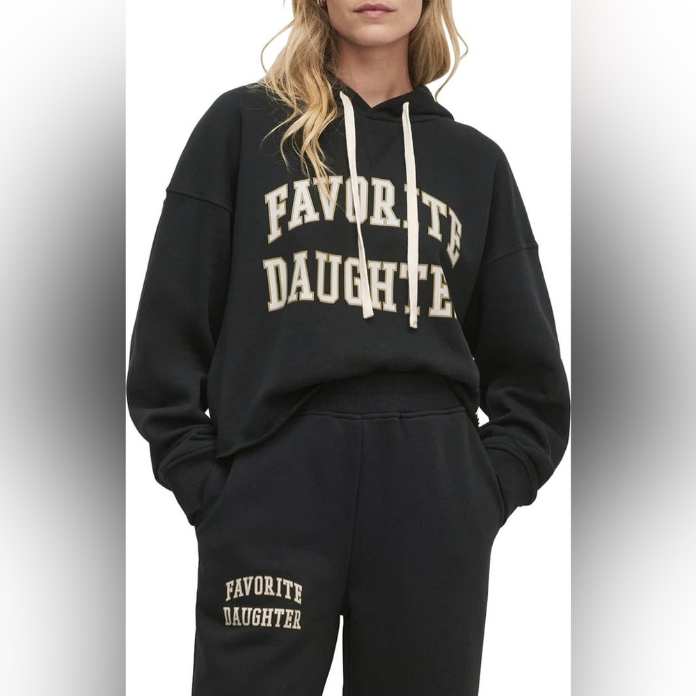 Favorite Daughter The Cropped Collegiate Cotton Blend Hoodie in Black Size XS
